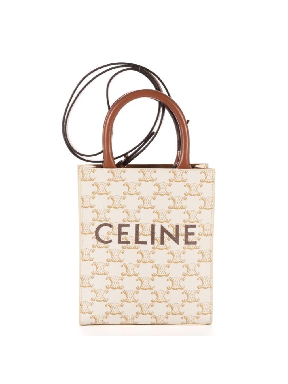 Celine Small Vertical Cabas Tote Bag White Brown Striped Canvas